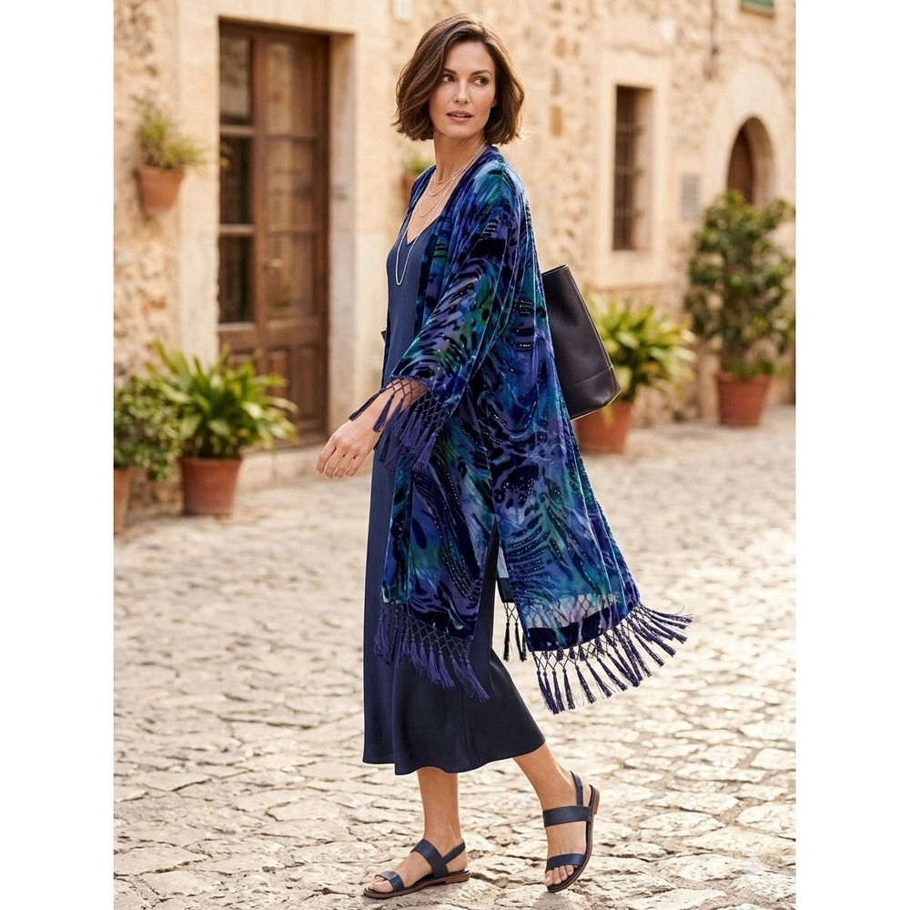 VTG Chico's Blue Velvet Burnout Beaded Duster Kimono Tassel Boho Whimsigoth S/M